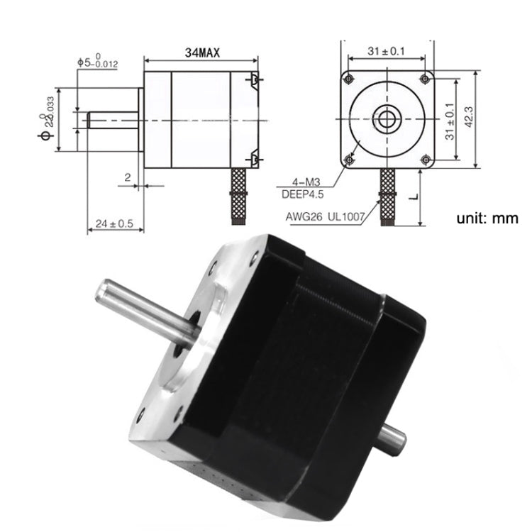 Stepper motor with technical dimension diagram and metal output shaft