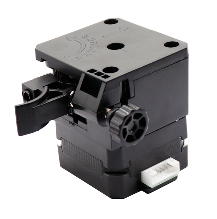 Stepper motor rear view with white connector and black mounting clips
