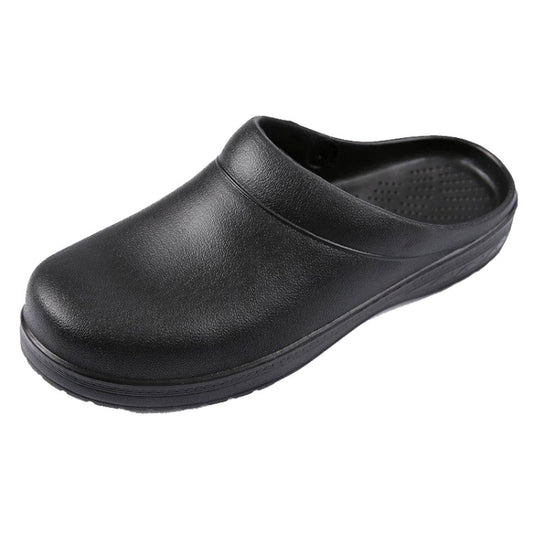 Black slip-on work clog with smooth upper and thick non-slip sole