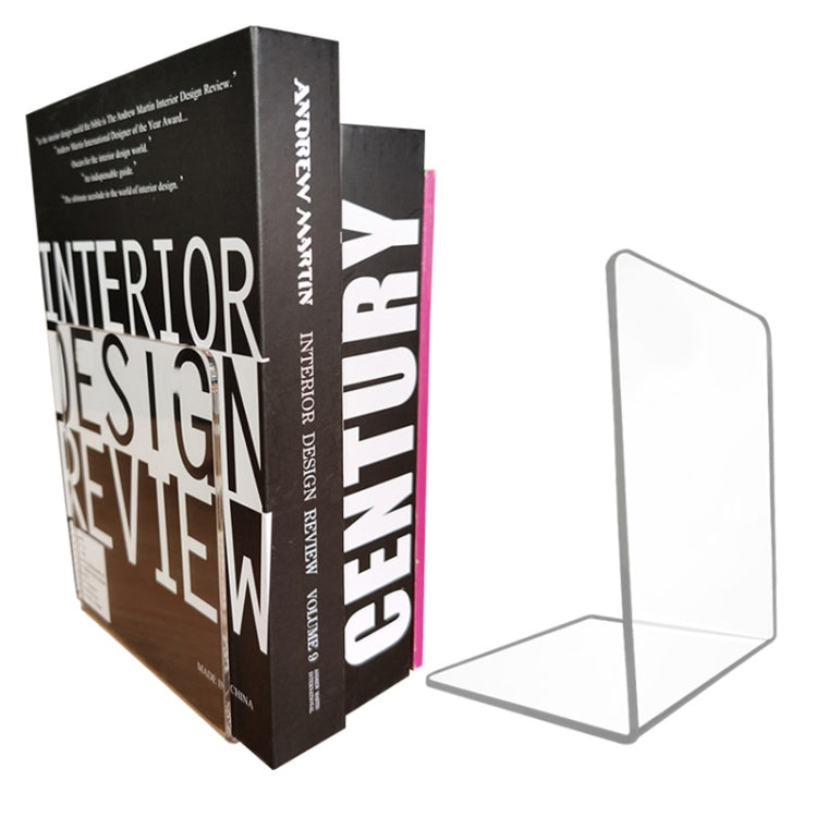 Set of 2 clear acrylic L-shaped bookends, rectangular base with vertical divider