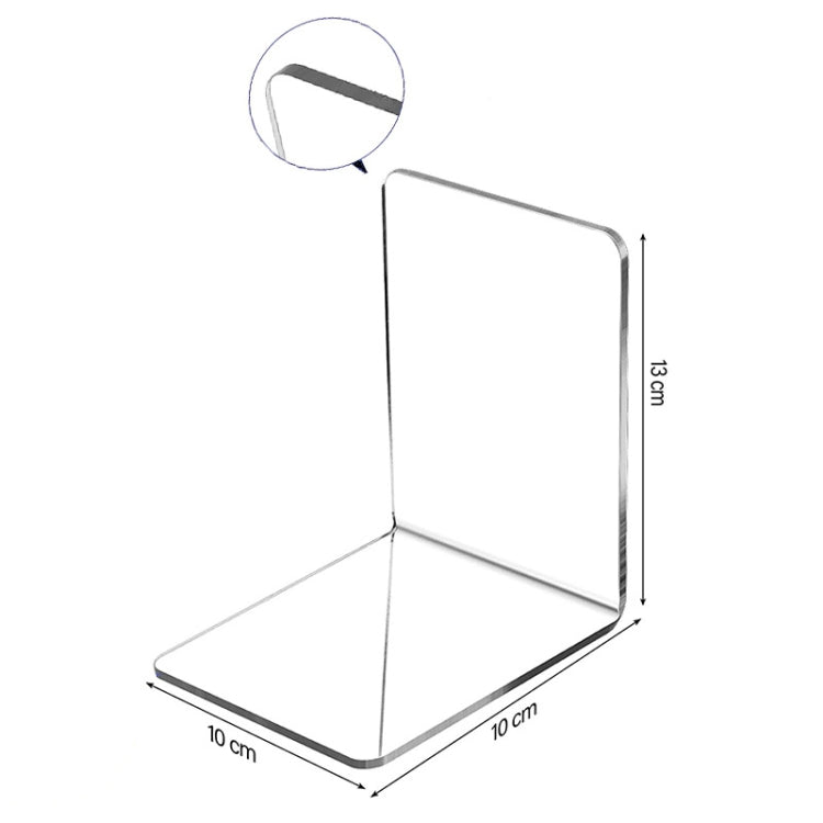 Clear acrylic L-shaped bookend with 10 cm base, 13 cm upright panel