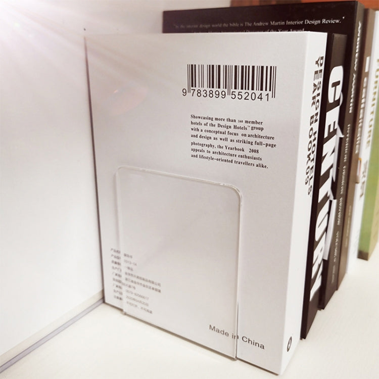Packaged set of clear acrylic L-shaped bookends with front window