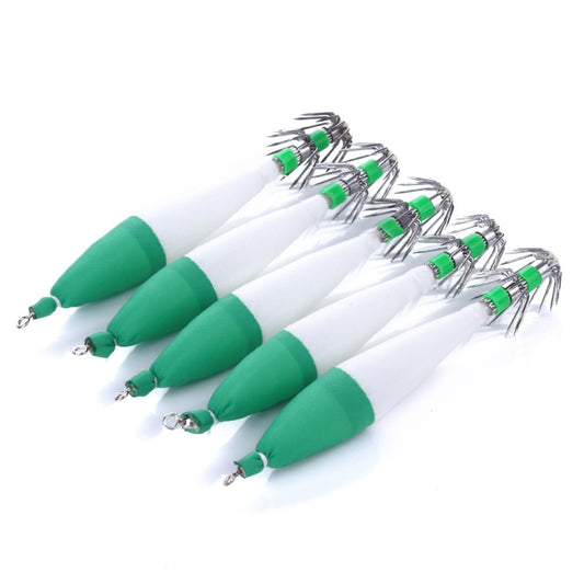 Luminous squid fishing lures set of five, green and white bodies with barbed hooks
