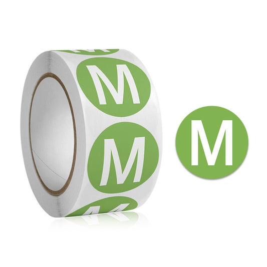 Round size label stickers roll with green M print, clothing and hat sizing labels