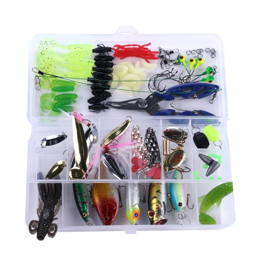 Fishing lure bait kit in a clear divided box with soft baits, spinner lures, and hooks