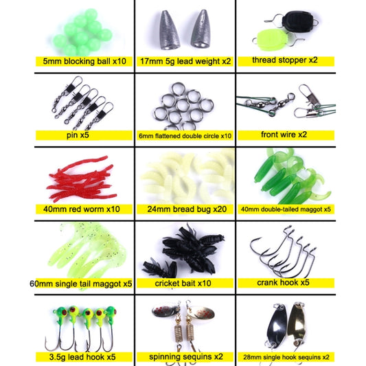 Fishing bait accessory set with soft maggot and worm baits, lead weights, and wire hooks