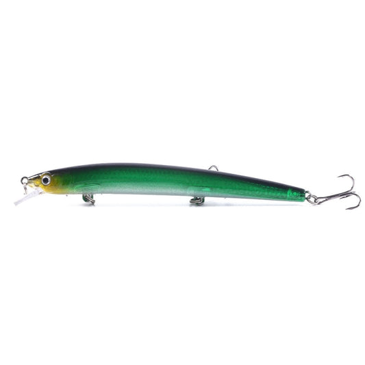 Green and silver floating fishing lure with treble hooks, minnow-style body