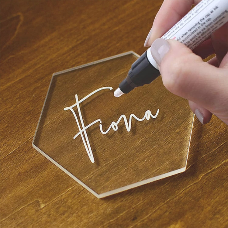 Clear hexagon acrylic seat card holder with marker-style writing