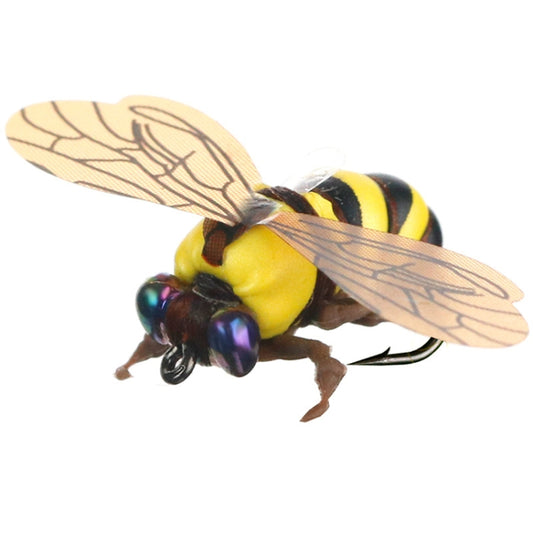 Floating fake bee insect bait with yellow-and-black stripes and clear wings