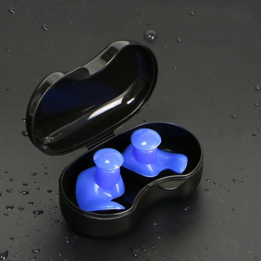 Blue spiral silicone swimming earplugs in a black storage case.