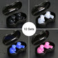 Waterproof silicone spiral earplugs set in a black case, shown in multiple colors.