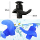 Blue spiral silicone earplugs with curved tips for swimming, shown underwater.