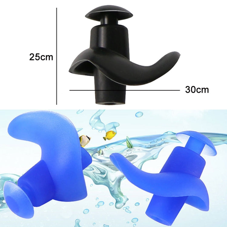 Blue spiral silicone earplugs with curved tips for swimming, shown underwater.