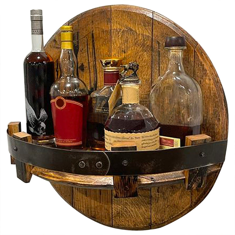 Wall-mounted wooden wine rack with black leather strap, round barrel bottle display.