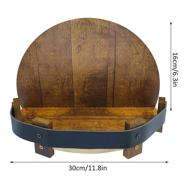 Wall-mounted round wooden wine rack with black strap, 30cm wide and 16.5cm tall.