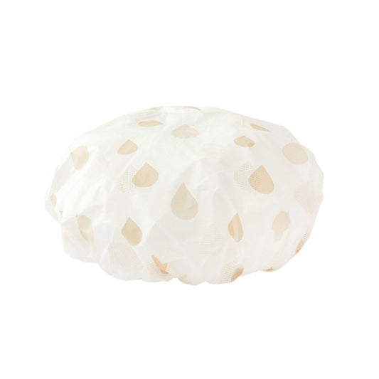 Waterproof shower hat in white with beige drop pattern, adult size