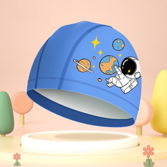 Blue kids waterproof swim cap with cartoon astronaut, planet, and star print