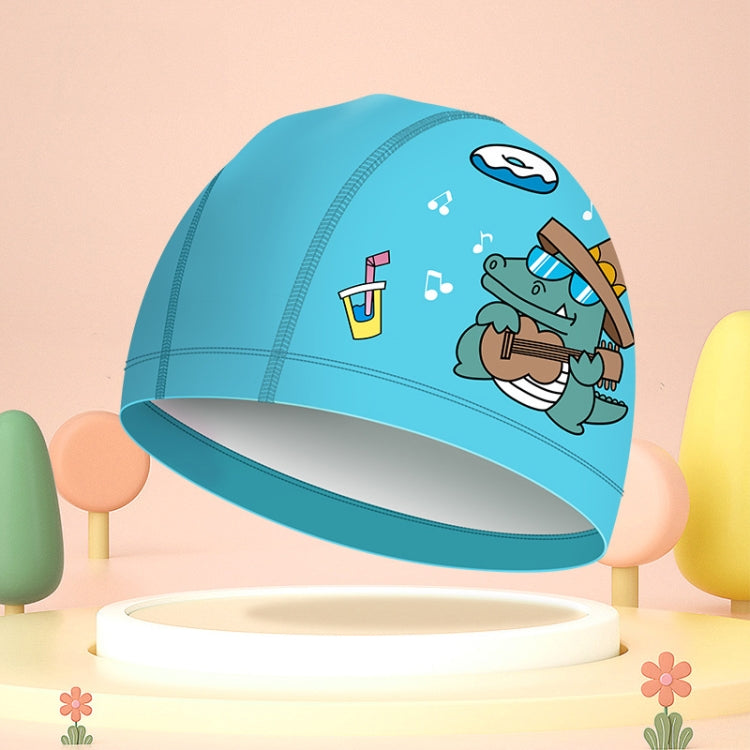 Light blue kids waterproof swim cap with cartoon fish and sea accessories print