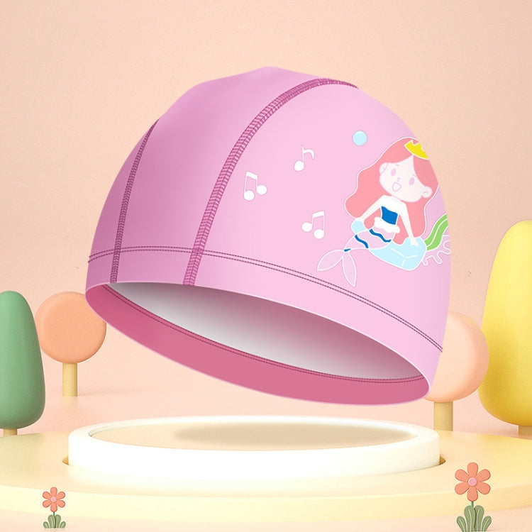 Pink kids waterproof swim cap with cute mermaid cartoon and music note details