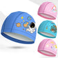 Kids waterproof swim cap assortment in blue, light blue, and pink with cartoon prints