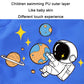 Blue kids swim cap fabric with close-up astronaut cartoon and star graphics
