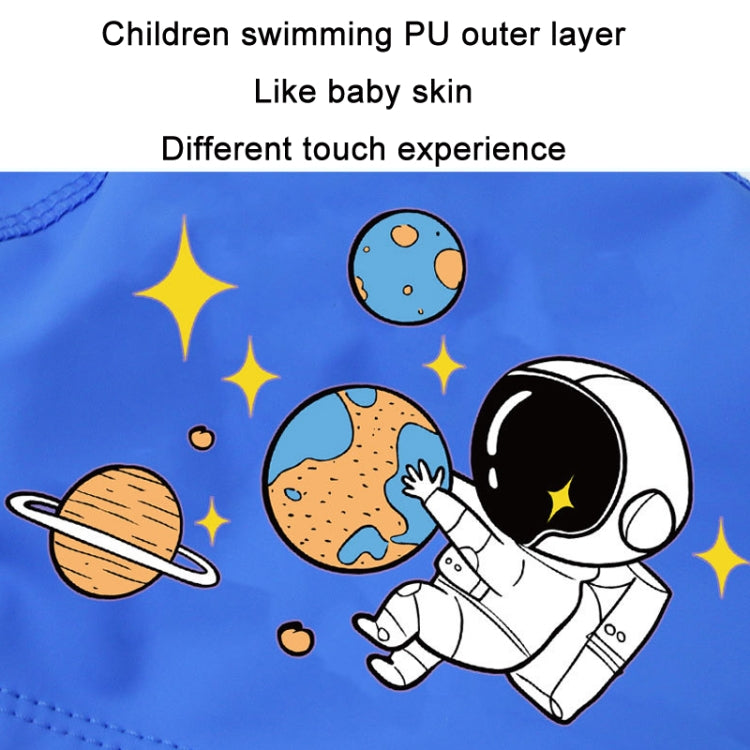 Blue kids swim cap fabric with close-up astronaut cartoon and star graphics
