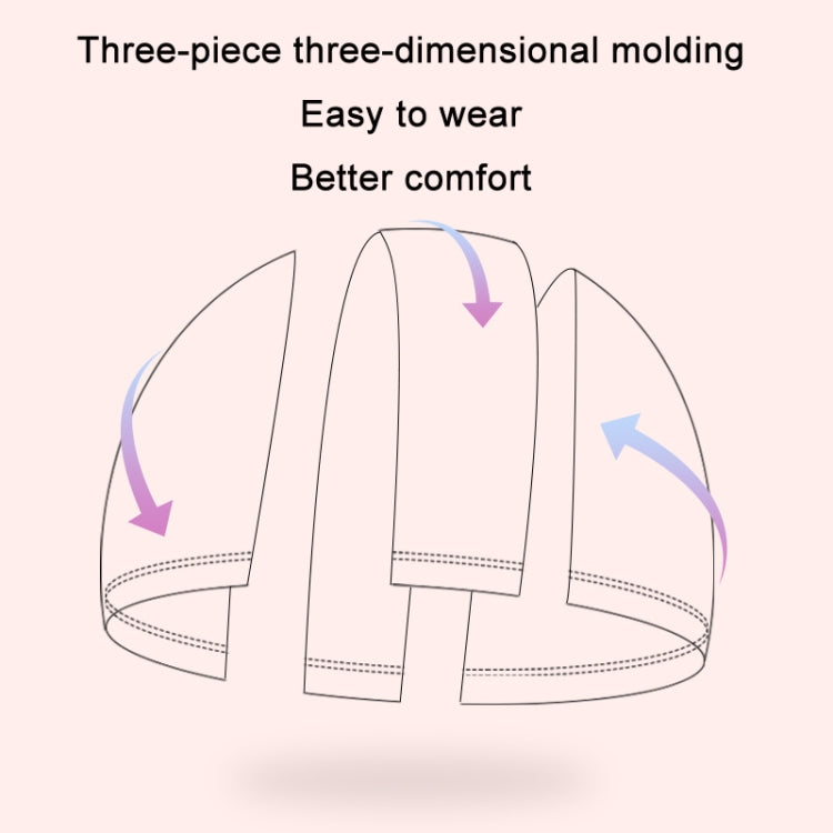 Kids swim cap showing 3-part molded shape with fit arrows diagram