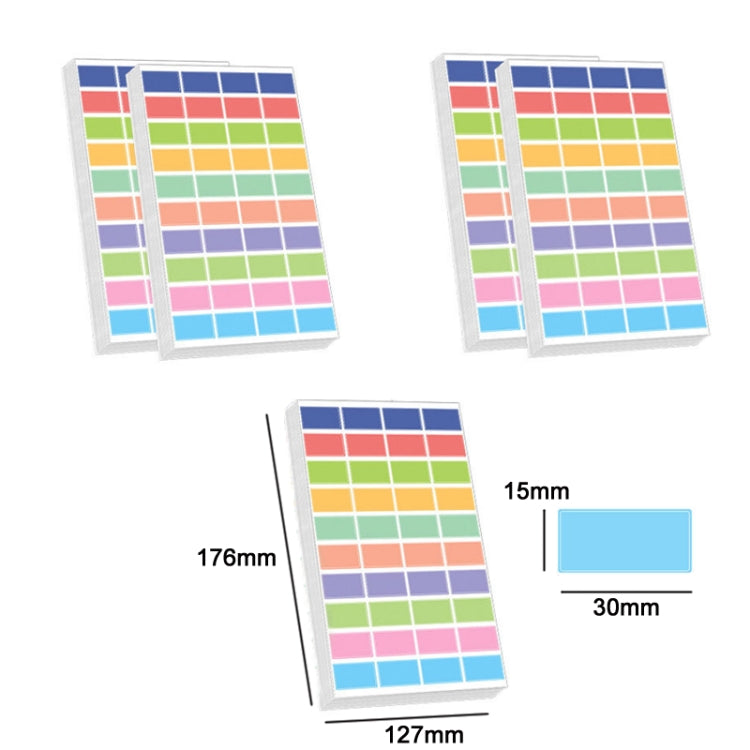 Children's square label stickers, multiple colorful sheets with size measurements