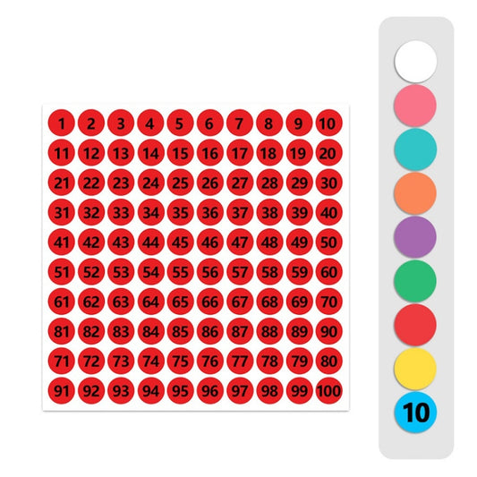 Sheet of round numbered size stickers in red, labeled 1 to 100