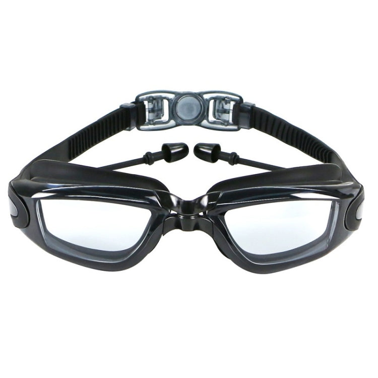 Anti-fog swim goggles with black frame, clear lenses, and adjustable strap