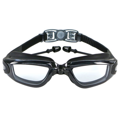 Anti-fog swim goggles with black frame, clear lenses, and adjustable strap