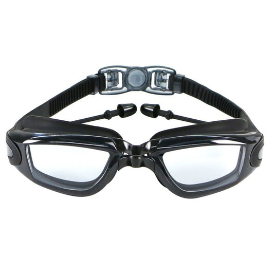 Anti-fog swim goggles with black frame, clear lenses, and adjustable strap