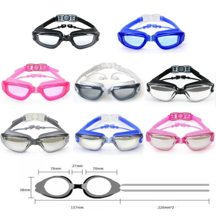 Set of swimming goggles in black, blue, pink, and gray with clear lenses