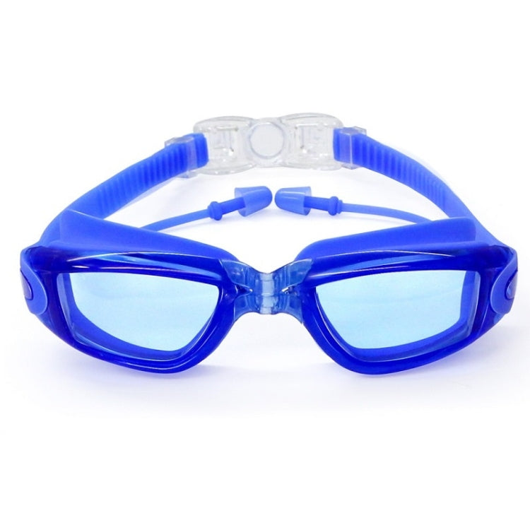 Anti-fog swim goggles with blue frame, clear lenses, and adjustable strap