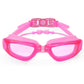 Anti-fog swim goggles with pink frame, clear lenses, and adjustable strap