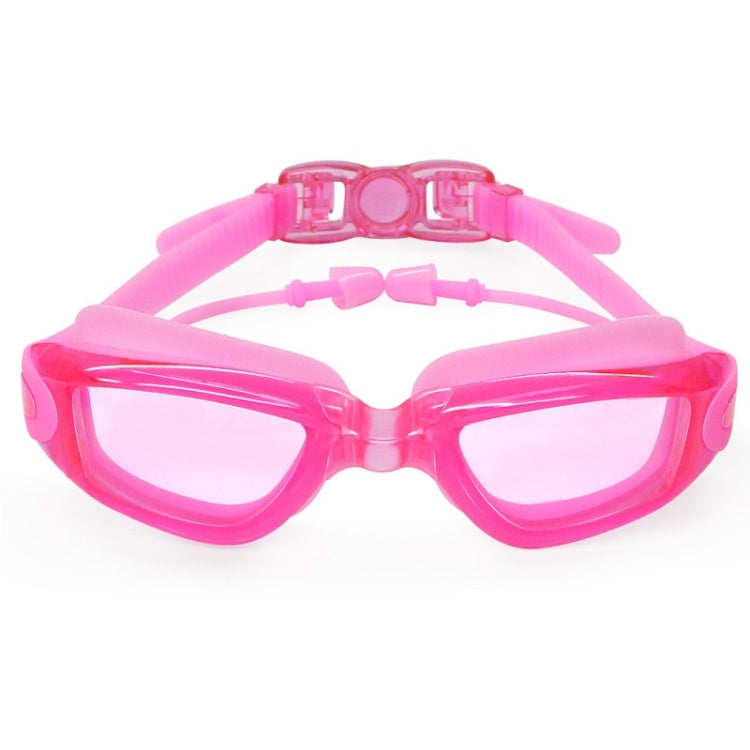 Anti-fog swim goggles with pink frame, clear lenses, and adjustable strap