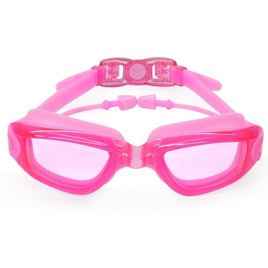 Anti-fog swim goggles with pink frame, clear lenses, and adjustable strap