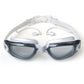 Anti-fog swim goggles with clear frame, tinted lenses, and adjustable strap