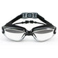 Anti-fog swim goggles with black frame, silver accents, and tinted lenses