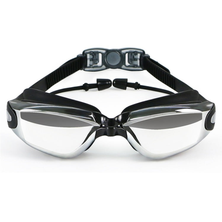 Anti-fog swim goggles with black frame, silver accents, and tinted lenses