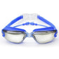 Anti-fog swim goggles with blue frame, silver accents, and tinted lenses