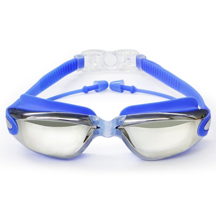 Anti-fog swim goggles with blue frame, silver accents, and tinted lenses