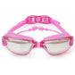 Anti-fog swim goggles with pink frame, silver accents, and tinted lenses