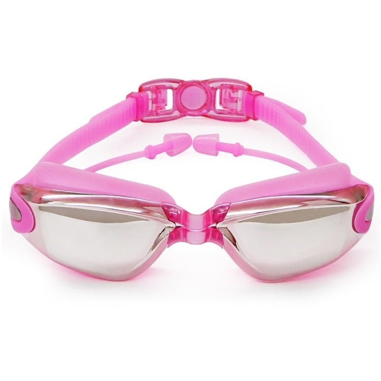 Anti-fog swim goggles with pink frame, silver accents, and tinted lenses