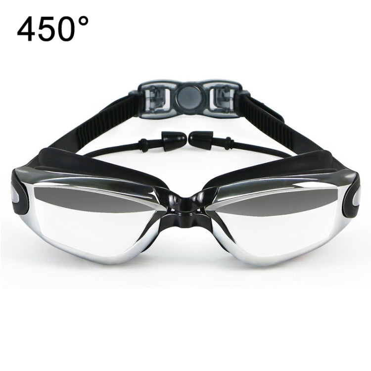 Swim goggles with clear lenses, black headband, and glossy gray double-lens frame