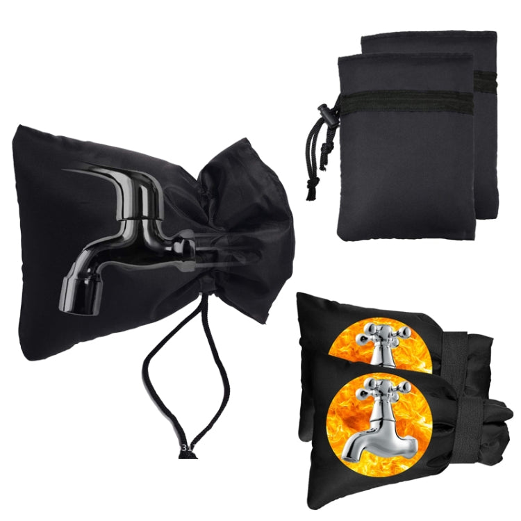 Outdoor faucet frost protection cover set in black fabric with adjustable rope drawstring