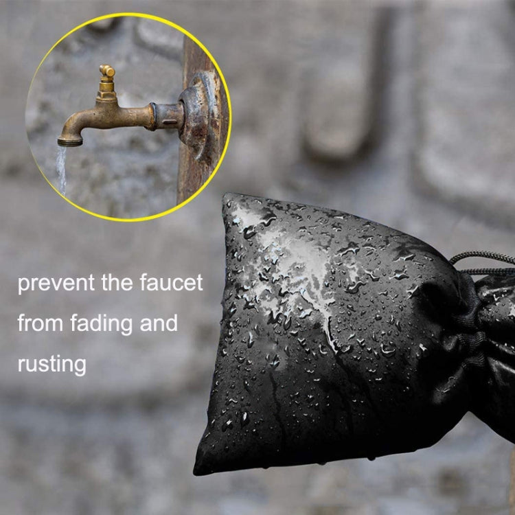 Black faucet frost protection cover with drawstring tied around the spigot