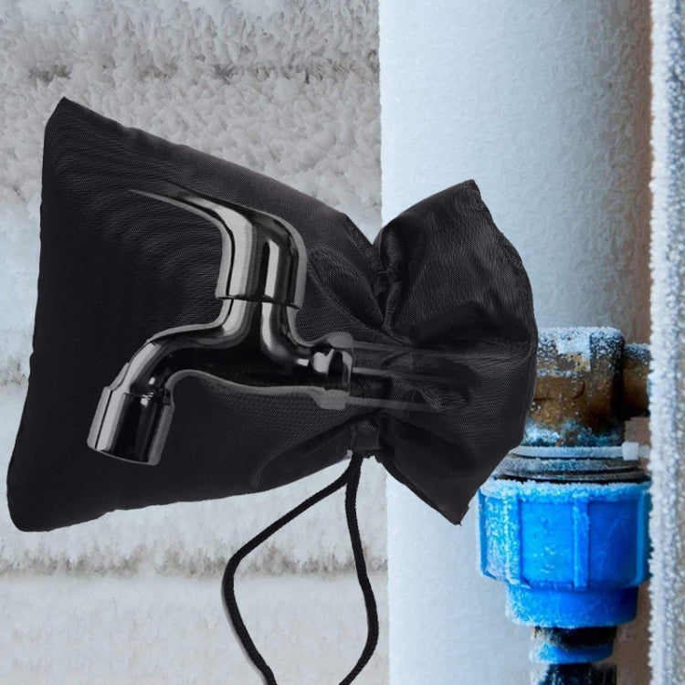 Outdoor faucet frost protection cover in black fabric with rope tie closure