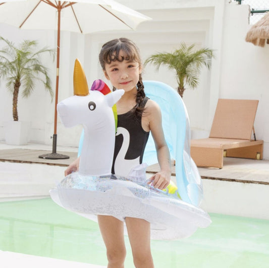 Inflatable kids unicorn floating seat with blue sunshade and rainbow horn details