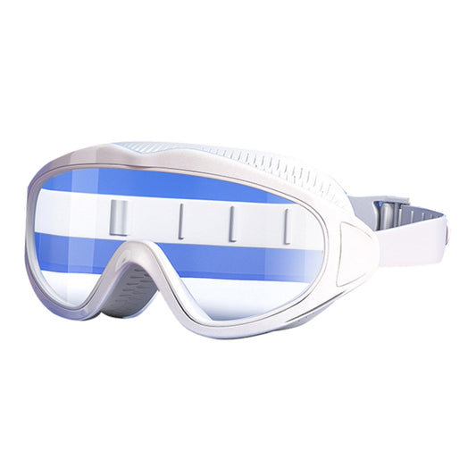 Children anti-fog swimming goggles with white frame and blue tinted lenses, wide strap